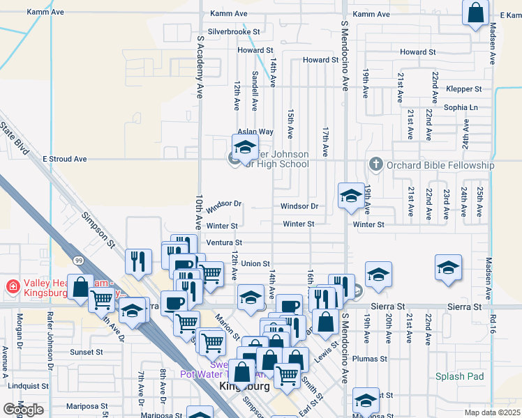 map of restaurants, bars, coffee shops, grocery stores, and more near 2261 14th Avenue in Kingsburg