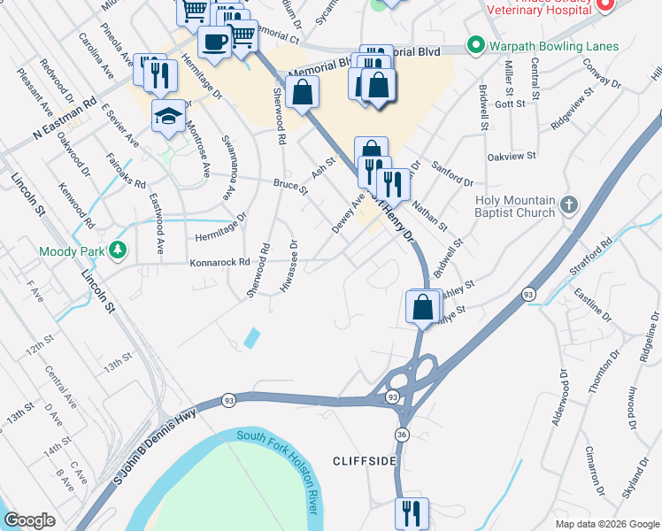 map of restaurants, bars, coffee shops, grocery stores, and more near 1346 Farragut Avenue in Kingsport