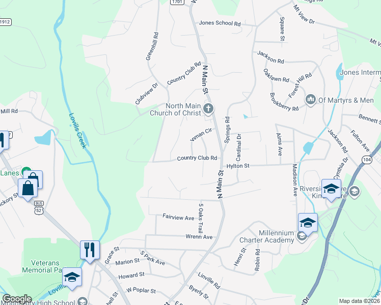 map of restaurants, bars, coffee shops, grocery stores, and more near 231 Country Club Road in Mount Airy
