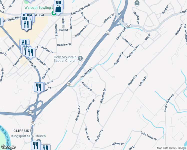 map of restaurants, bars, coffee shops, grocery stores, and more near 3836 Eastline Drive in Kingsport