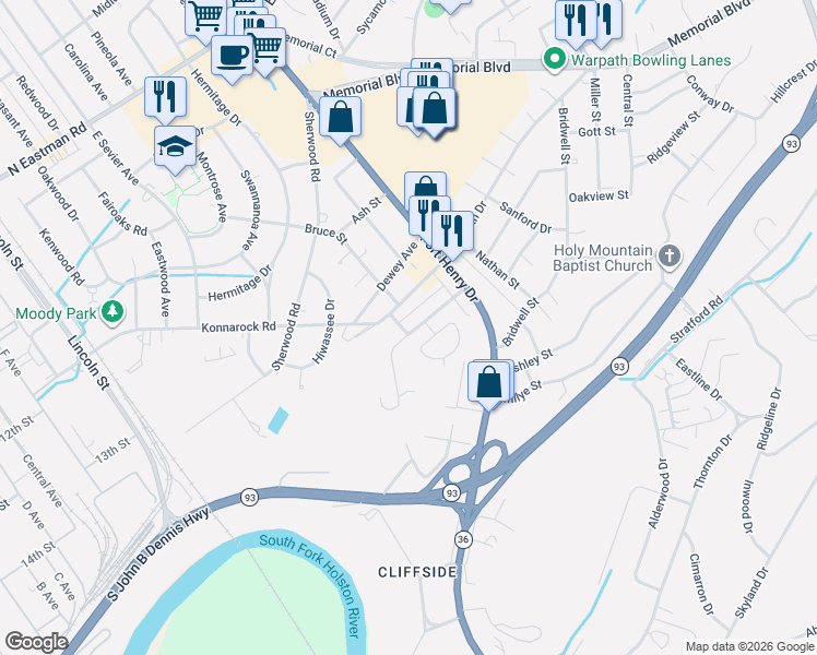 map of restaurants, bars, coffee shops, grocery stores, and more near 1369 Warpath Drive in Kingsport