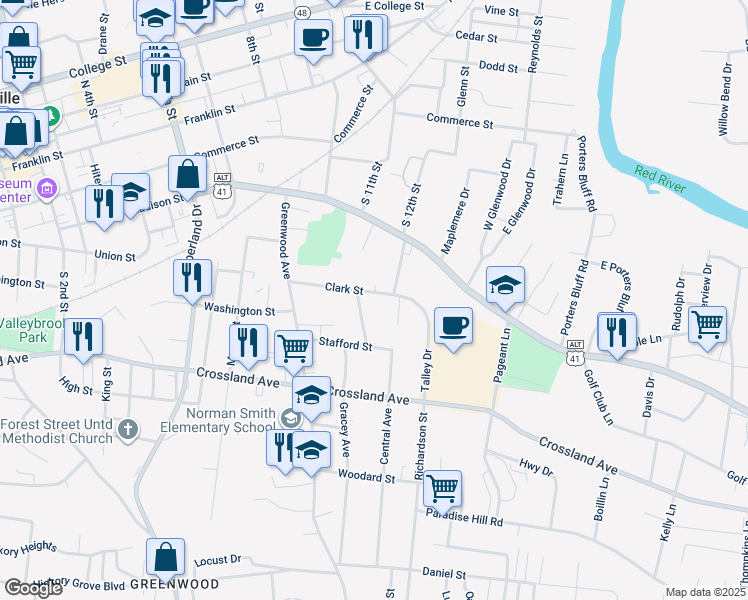 map of restaurants, bars, coffee shops, grocery stores, and more near 951 Clark Street in Clarksville