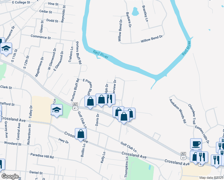 map of restaurants, bars, coffee shops, grocery stores, and more near 123 Riverview Drive in Clarksville