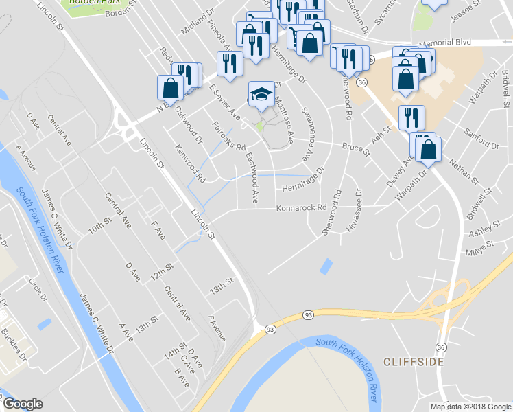 map of restaurants, bars, coffee shops, grocery stores, and more near 2124 Brookwood Road in Kingsport