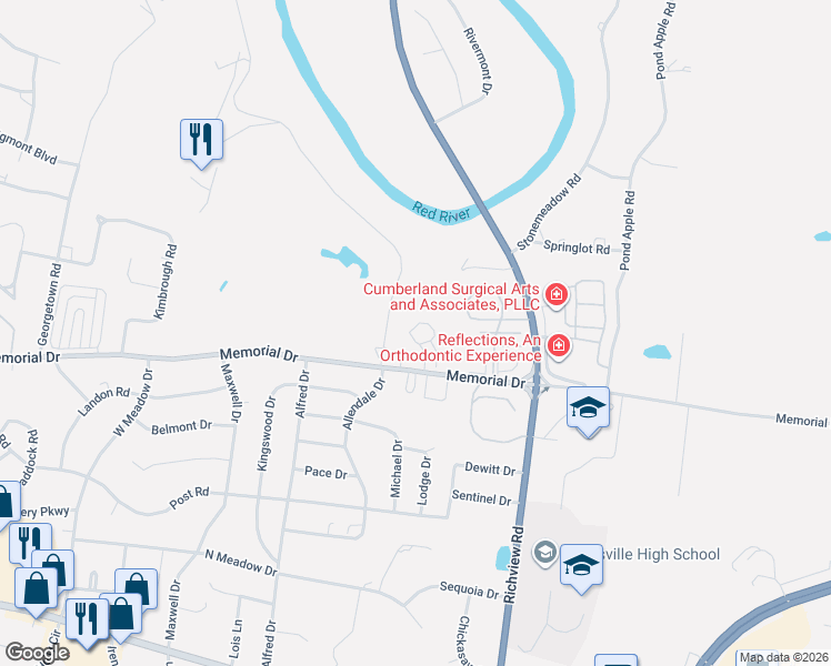 map of restaurants, bars, coffee shops, grocery stores, and more near 431 Country Club Court in Clarksville