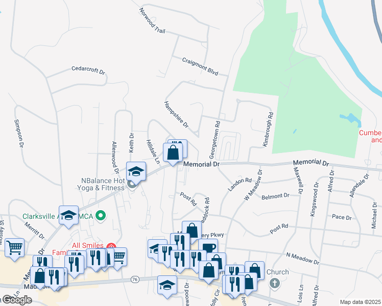 map of restaurants, bars, coffee shops, grocery stores, and more near 1955 Memorial Drive in Clarksville