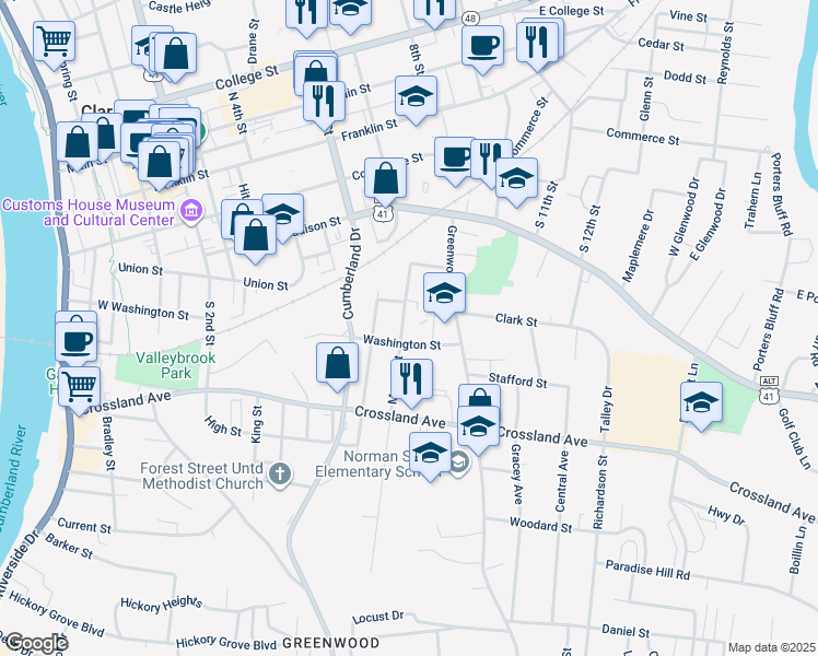 map of restaurants, bars, coffee shops, grocery stores, and more near 519 Martin Street in Clarksville