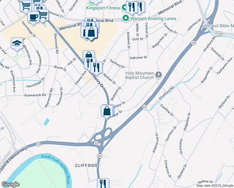 map of restaurants, bars, coffee shops, grocery stores, and more near in Kingsport