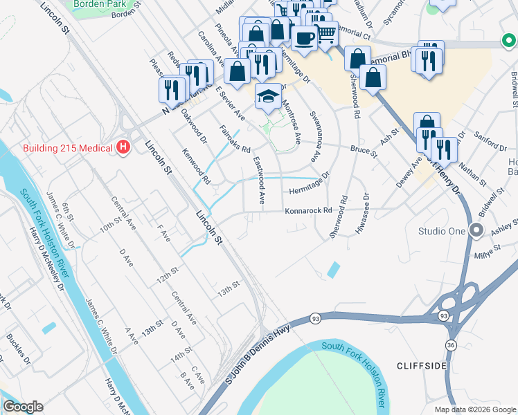 map of restaurants, bars, coffee shops, grocery stores, and more near 2124 Brookwood Road in Kingsport