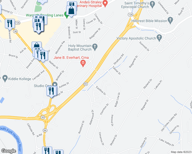 map of restaurants, bars, coffee shops, grocery stores, and more near 1433 Stratford Road in Kingsport