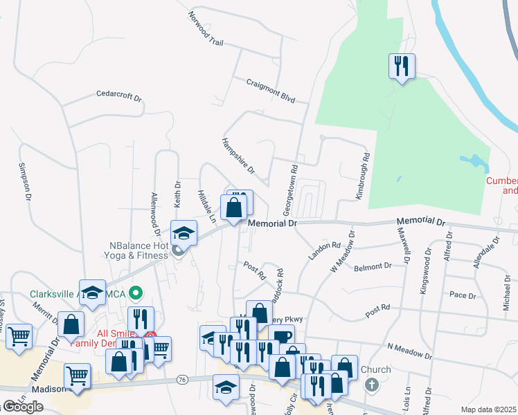 map of restaurants, bars, coffee shops, grocery stores, and more near 1955 Memorial Drive in Clarksville