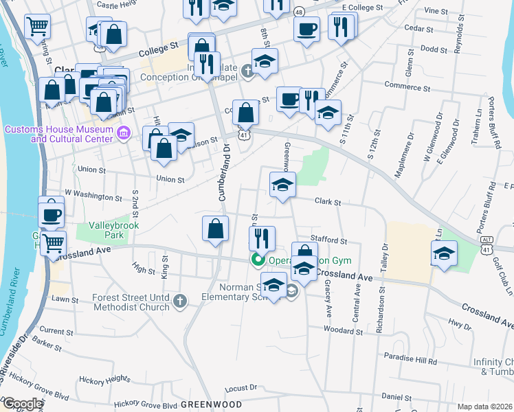 map of restaurants, bars, coffee shops, grocery stores, and more near 519 Martin Street in Clarksville