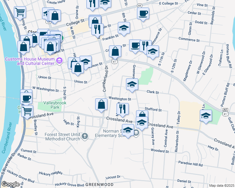 map of restaurants, bars, coffee shops, grocery stores, and more near 511 Elder Street in Clarksville