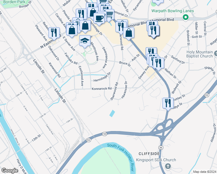 map of restaurants, bars, coffee shops, grocery stores, and more near 1268 Konnarock Road in Kingsport