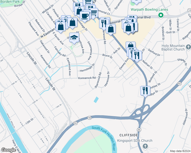 map of restaurants, bars, coffee shops, grocery stores, and more near 1278 Konnarock Road in Kingsport