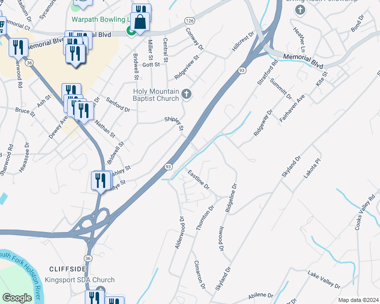 map of restaurants, bars, coffee shops, grocery stores, and more near 1429 Stratford Road in Kingsport