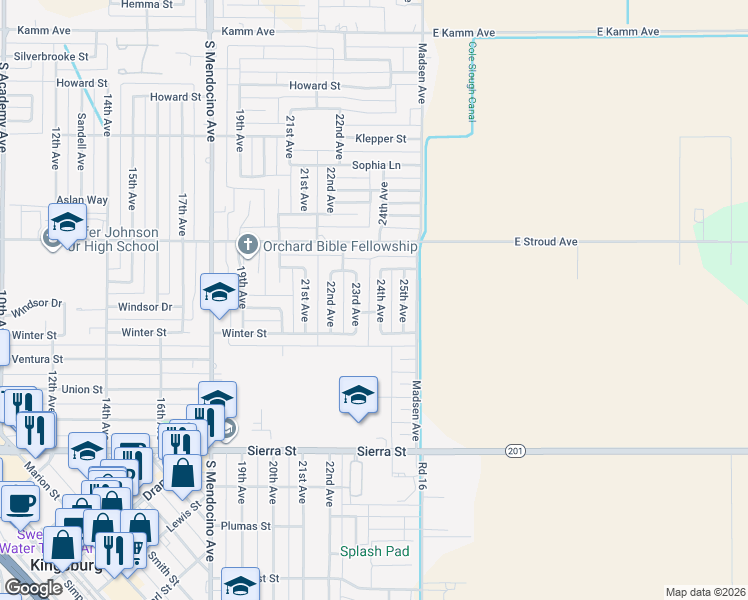 map of restaurants, bars, coffee shops, grocery stores, and more near 2371 24th Avenue in Kingsburg