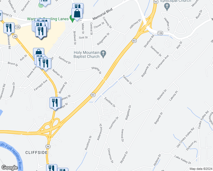 map of restaurants, bars, coffee shops, grocery stores, and more near 1433 Stratford Road in Kingsport