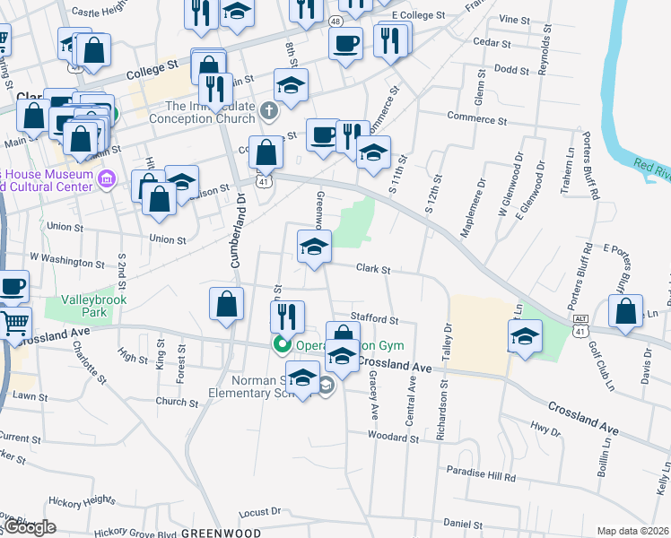 map of restaurants, bars, coffee shops, grocery stores, and more near 445 Greenwood Avenue in Clarksville