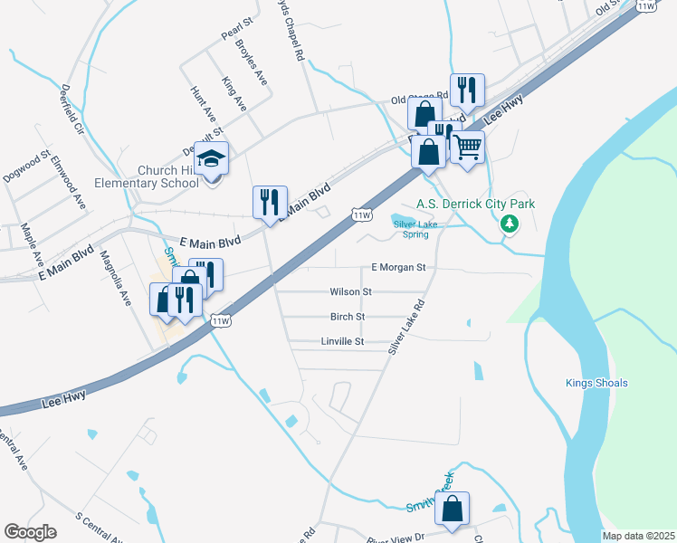 map of restaurants, bars, coffee shops, grocery stores, and more near 538 East Morgan Street in Church Hill