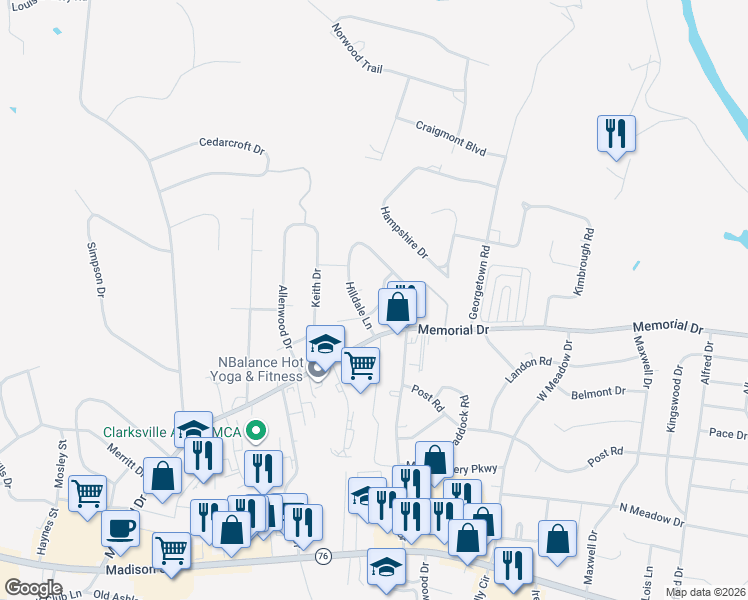 map of restaurants, bars, coffee shops, grocery stores, and more near 311 Hilldale Lane in Clarksville