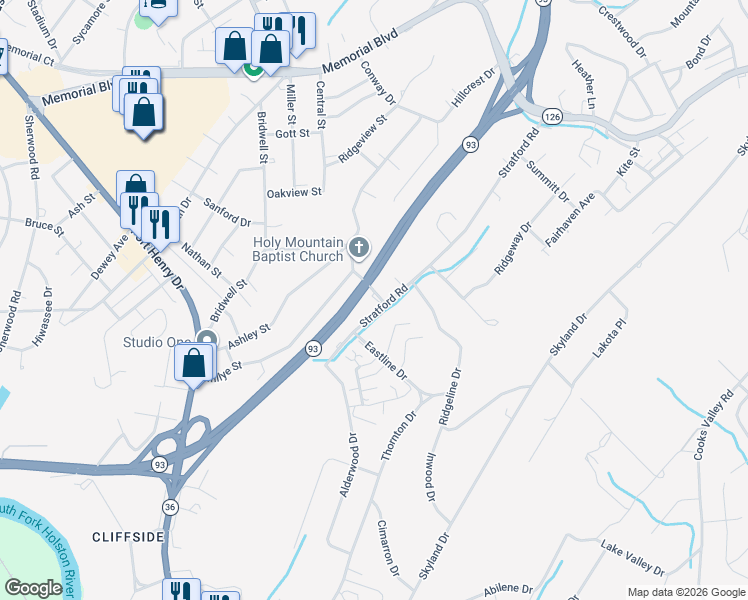 map of restaurants, bars, coffee shops, grocery stores, and more near 1433 Stratford Road in Kingsport