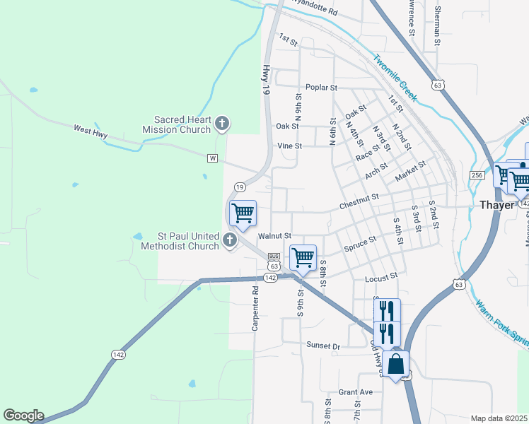 map of restaurants, bars, coffee shops, grocery stores, and more near 101-129 North 10th Street in Thayer