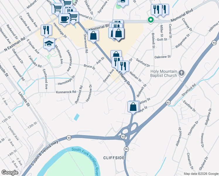map of restaurants, bars, coffee shops, grocery stores, and more near 1369 Warpath Drive in Kingsport