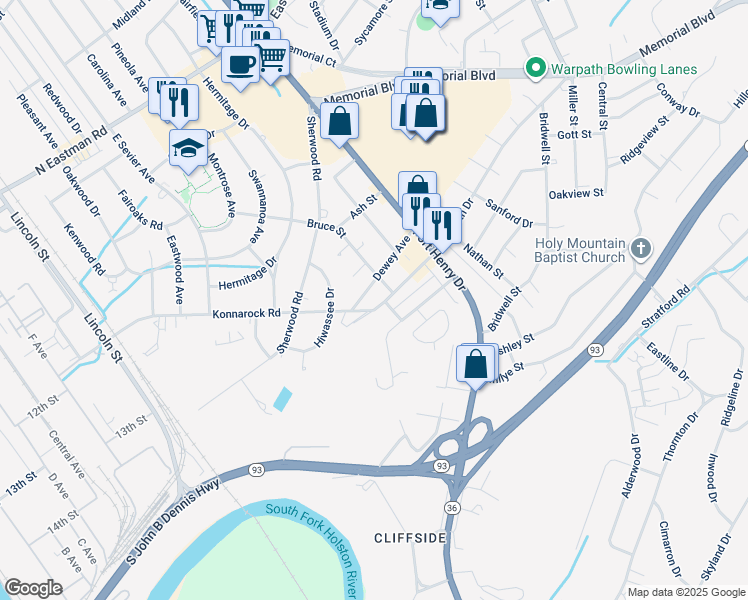 map of restaurants, bars, coffee shops, grocery stores, and more near 1355 Dewey Avenue in Kingsport