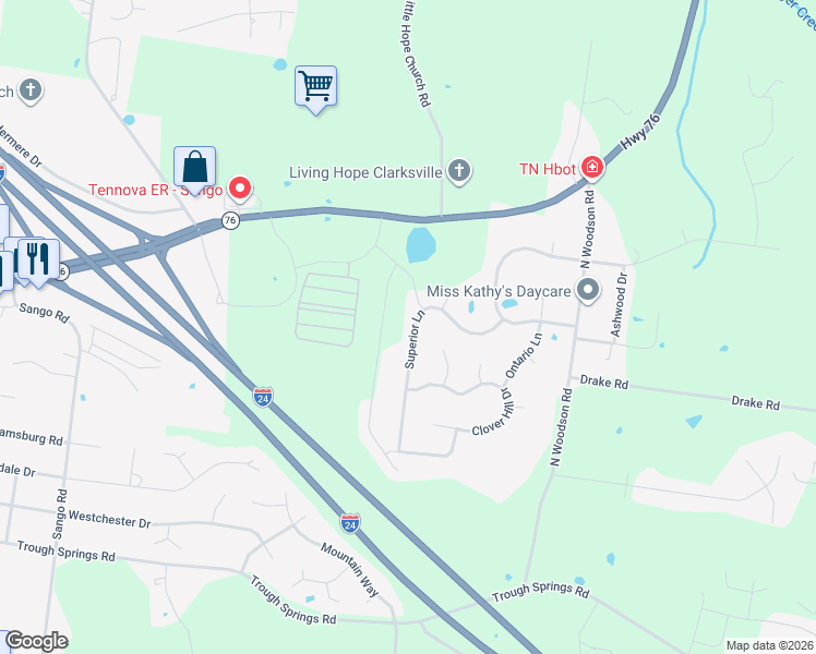 map of restaurants, bars, coffee shops, grocery stores, and more near 690 Superior Lane in Clarksville