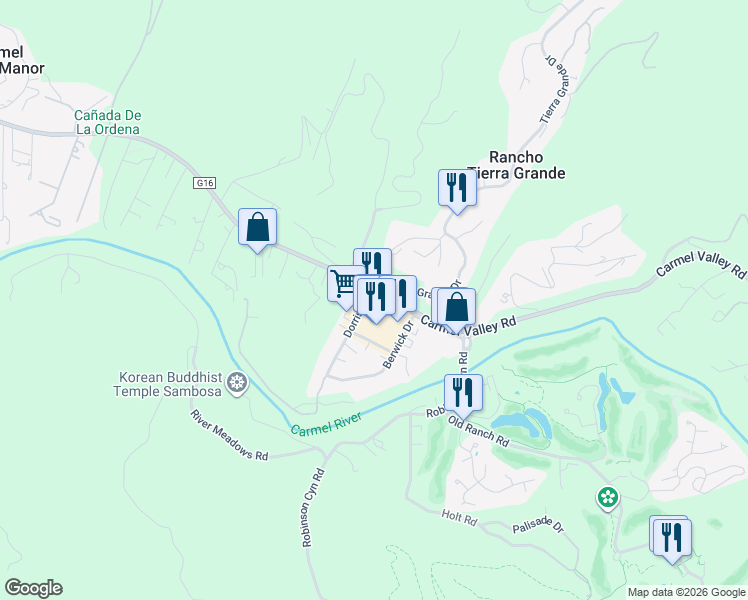 map of restaurants, bars, coffee shops, grocery stores, and more near 501 Mid Valley Center in Carmel-by-the-Sea