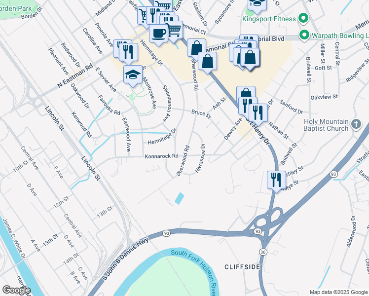 map of restaurants, bars, coffee shops, grocery stores, and more near 2224 Sherwood Road in Kingsport