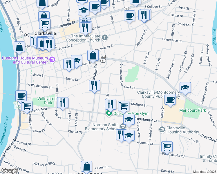 map of restaurants, bars, coffee shops, grocery stores, and more near 519 Martin Street in Clarksville