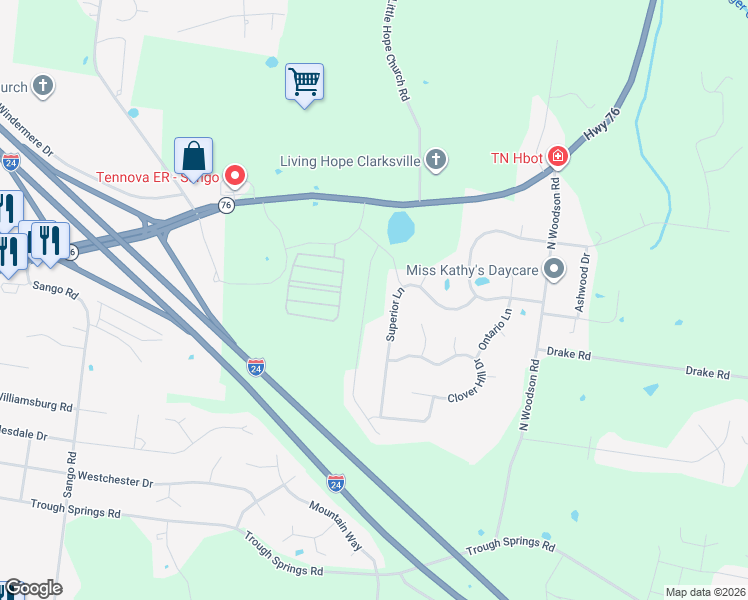 map of restaurants, bars, coffee shops, grocery stores, and more near 690 Superior Lane in Clarksville