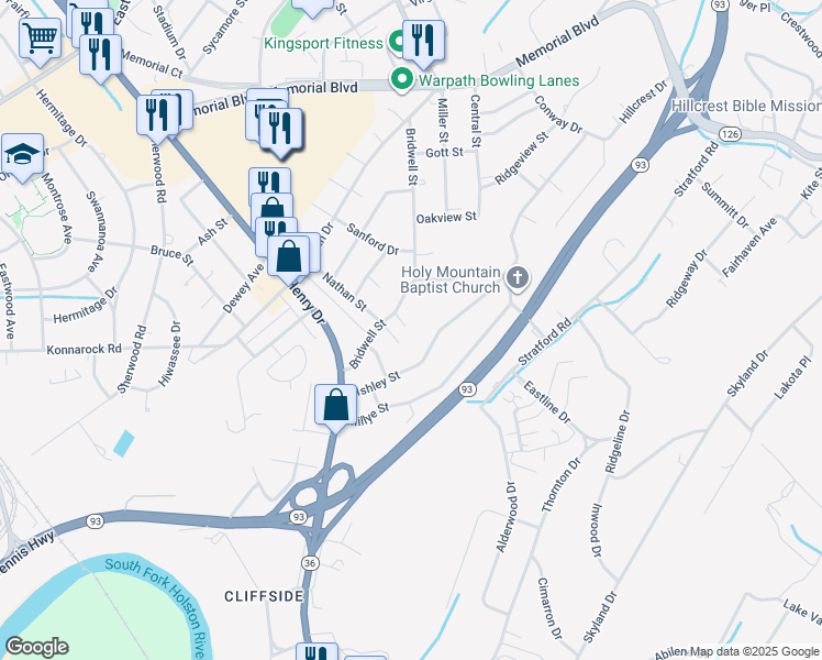 map of restaurants, bars, coffee shops, grocery stores, and more near 2613 Rockwell Place in Kingsport