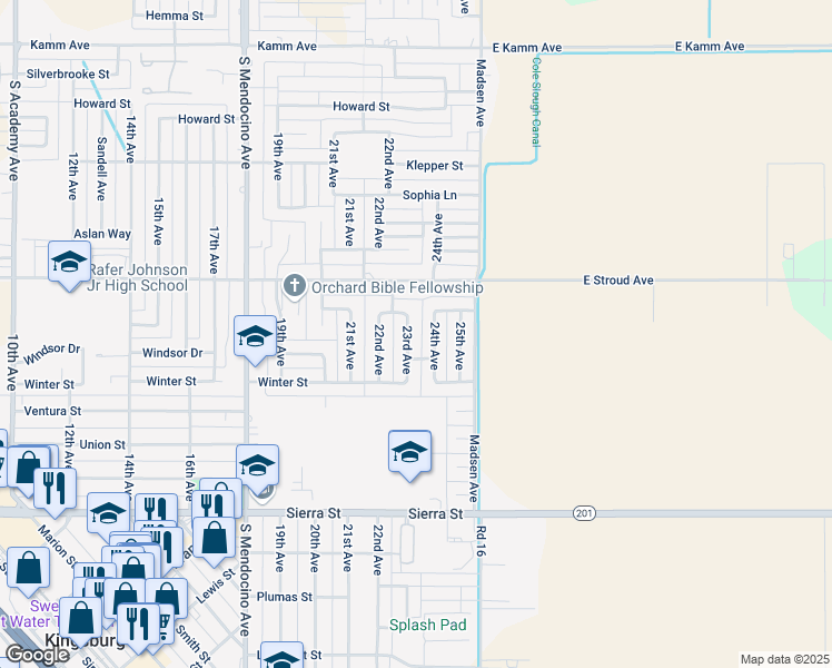 map of restaurants, bars, coffee shops, grocery stores, and more near 2371 24th Avenue in Kingsburg