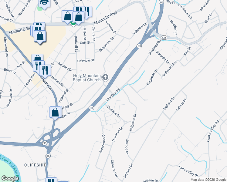map of restaurants, bars, coffee shops, grocery stores, and more near 1433 Stratford Road in Kingsport