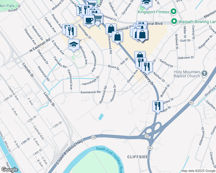 map of restaurants, bars, coffee shops, grocery stores, and more near 2224 Sherwood Road in Kingsport