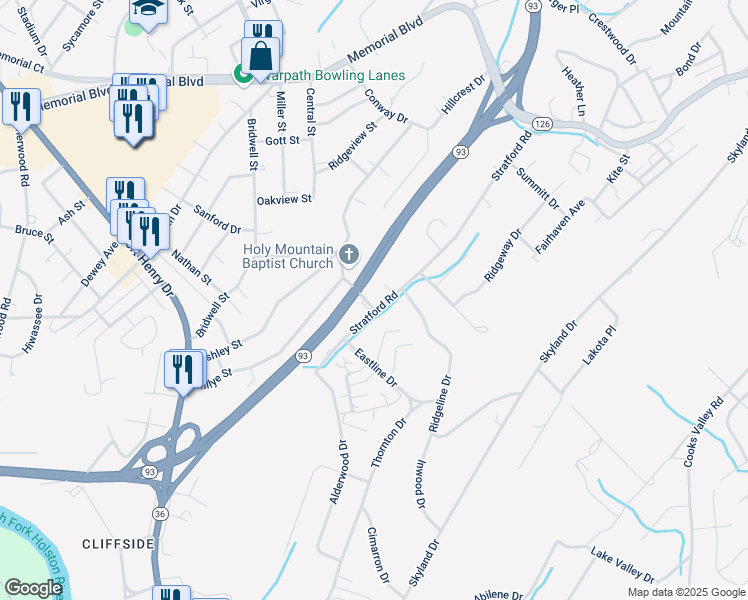 map of restaurants, bars, coffee shops, grocery stores, and more near 1501 Stratford Road in Kingsport