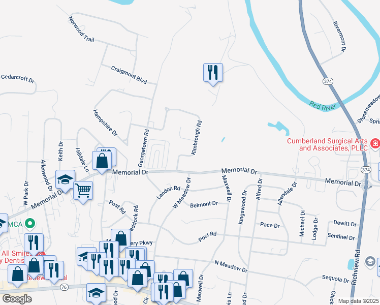 map of restaurants, bars, coffee shops, grocery stores, and more near 316 Kimbrough Road in Clarksville