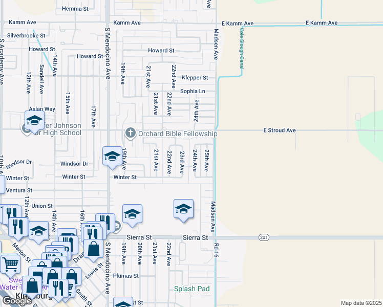 map of restaurants, bars, coffee shops, grocery stores, and more near 2371 24th Avenue in Kingsburg