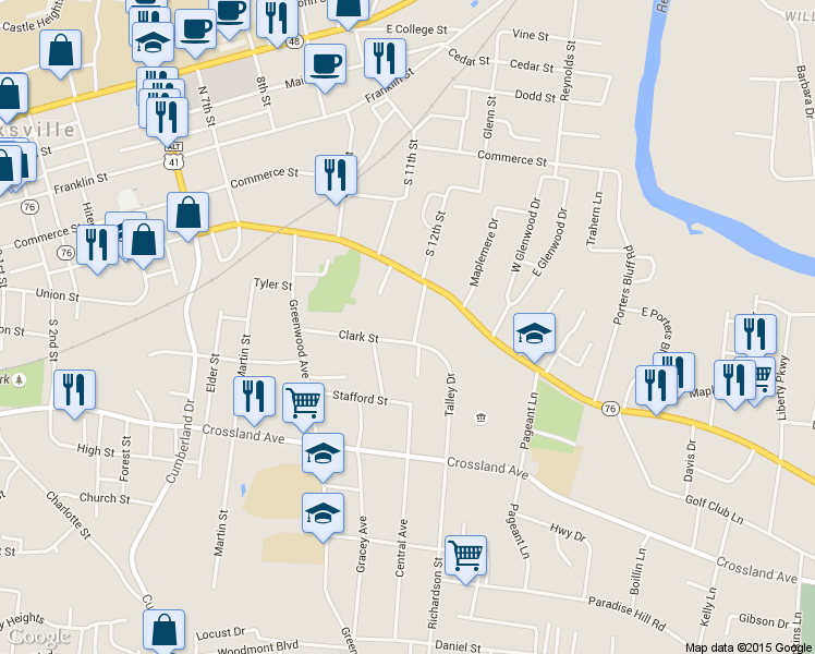 map of restaurants, bars, coffee shops, grocery stores, and more near 326 Conroy Ave in Clarksville