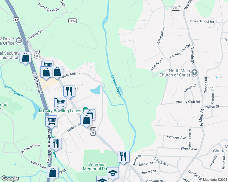 map of restaurants, bars, coffee shops, grocery stores, and more near 131 River Walk Road in Mount Airy