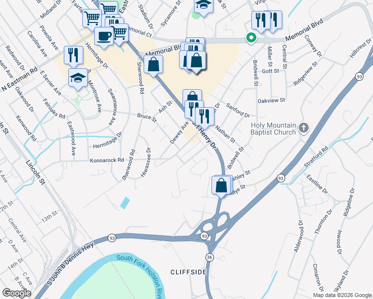 map of restaurants, bars, coffee shops, grocery stores, and more near 1369 Warpath Drive in Kingsport