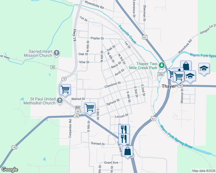map of restaurants, bars, coffee shops, grocery stores, and more near 600 Chestnut Street in Thayer