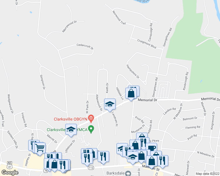 map of restaurants, bars, coffee shops, grocery stores, and more near 125 Keith Drive in Clarksville