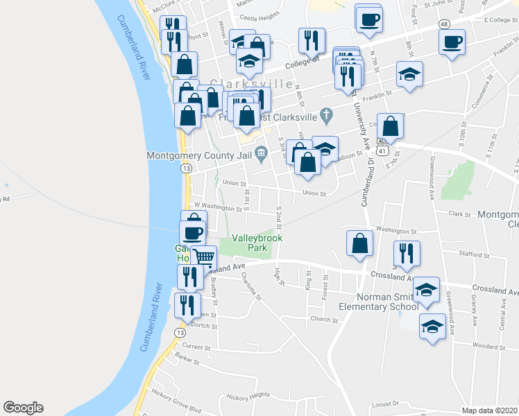 map of restaurants, bars, coffee shops, grocery stores, and more near 415 Kline Alley in Clarksville