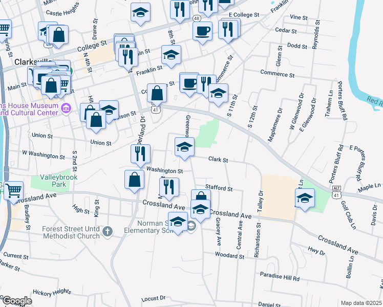 map of restaurants, bars, coffee shops, grocery stores, and more near 445 Greenwood Avenue in Clarksville