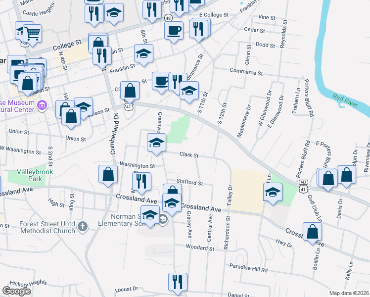 map of restaurants, bars, coffee shops, grocery stores, and more near 935 Clark Street in Clarksville