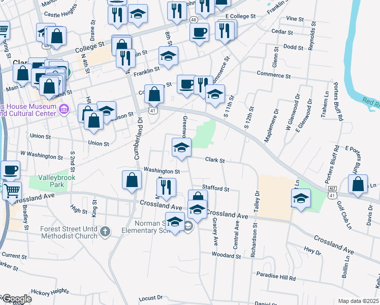 map of restaurants, bars, coffee shops, grocery stores, and more near 445 Greenwood Avenue in Clarksville